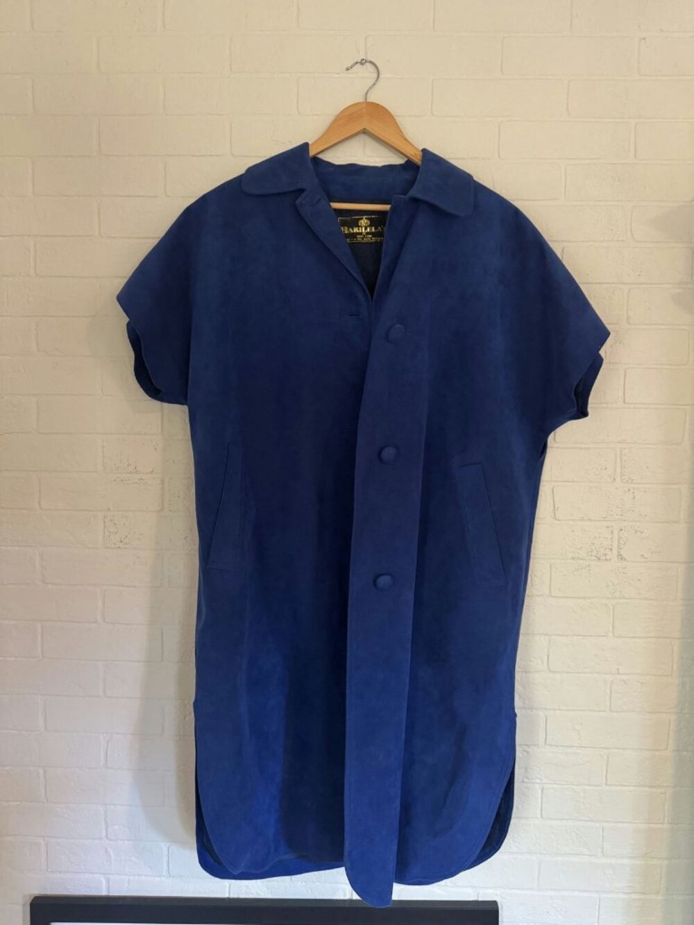 Vintage Harilela's Hong Kong Blue Wool Cape Coat Button Front Womens (1EL98) - C